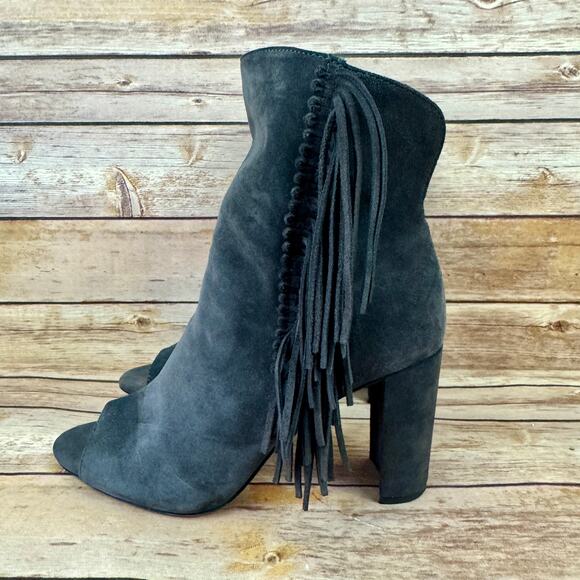 Gianni Bini Womens Gray Suede Leather Open Toe Fringes Block Heel Booties 8M - Picture 3 of 9